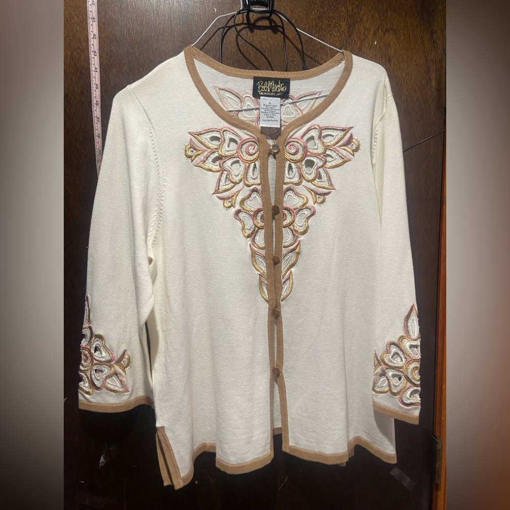 Coldwater Creek Cream Cardigan with Brown and Tan Embroidery
